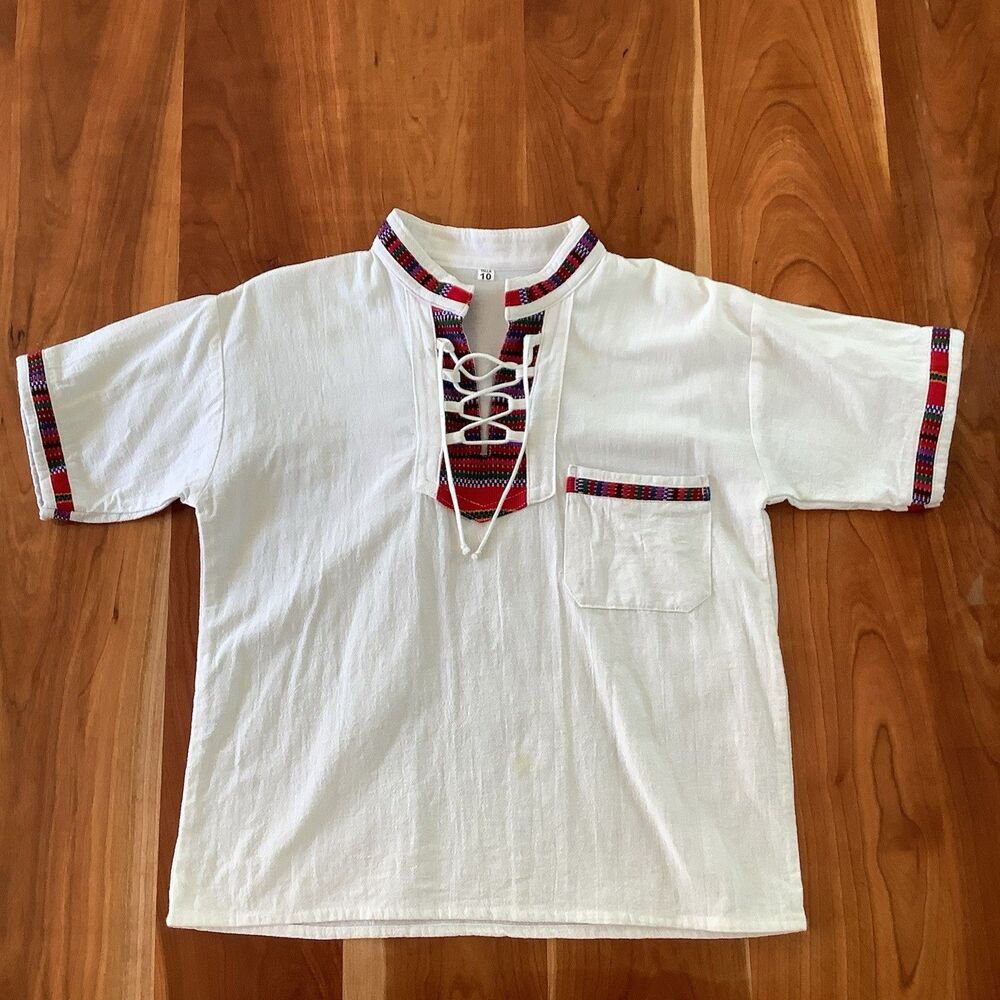 Handmade Guatemalan Kids Boys Short Sleeve Shirt Top Size 8 - 10 White Cotton